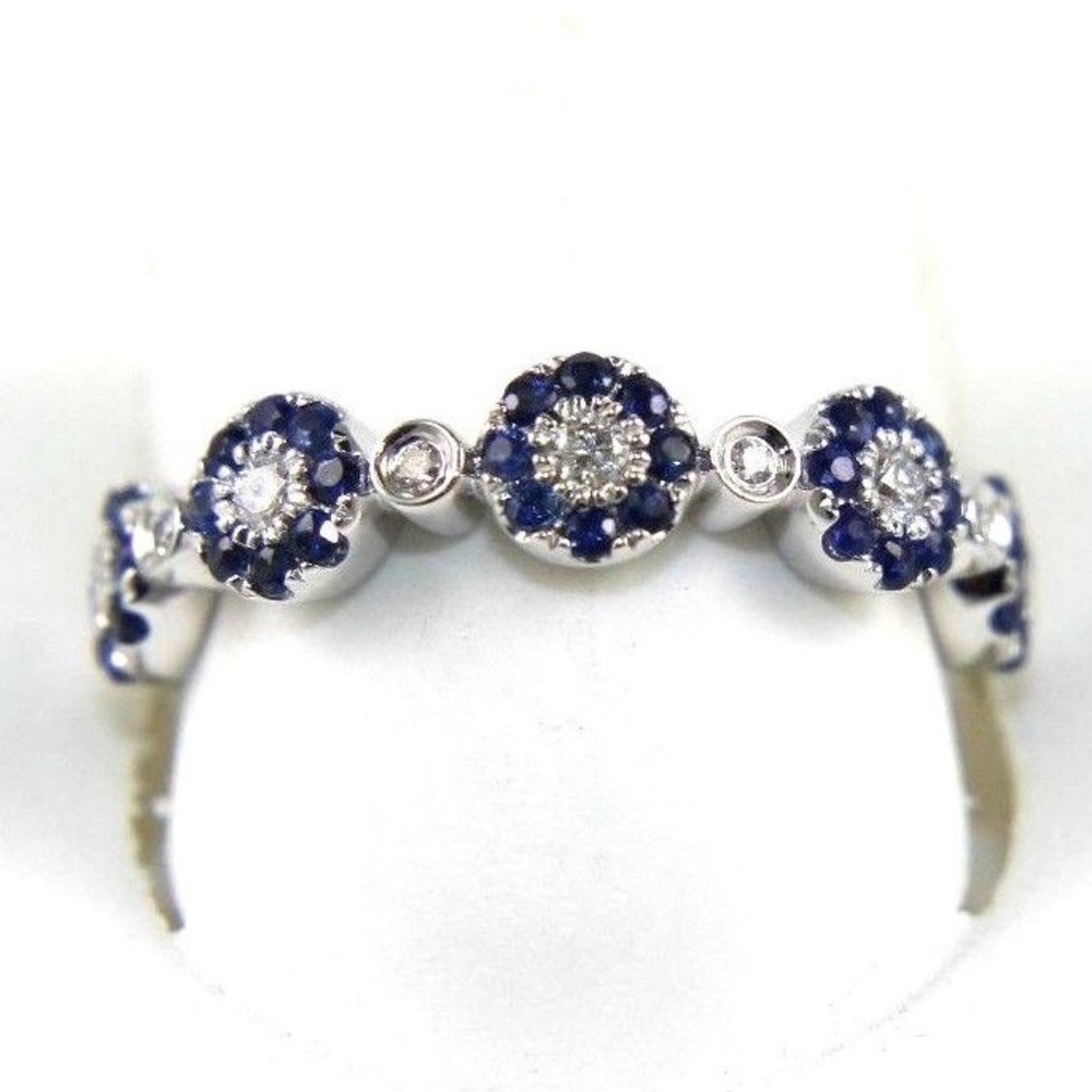 Blue Sapphire & Diamond Ring Band 14K WG .59Ct